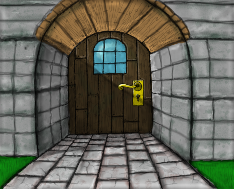 Digital drawing. At the center of the image, a large and heavy looking wooden door. The wall is made out of mossy stone, same for the path ending at the door.